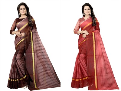 Suali Striped Daily Wear Cotton Silk Saree(Pack of 2, Brown, Maroon)