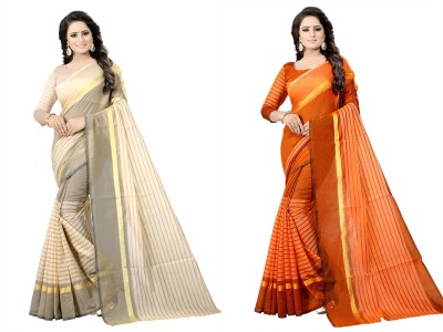 Silkbazar Printed Daily Wear Cotton Silk Saree(Orange, Beige)