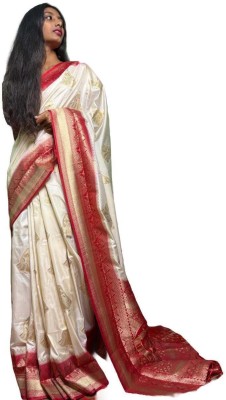 Santi Enterprises Printed Banarasi Pure Silk Saree(White, Pink)