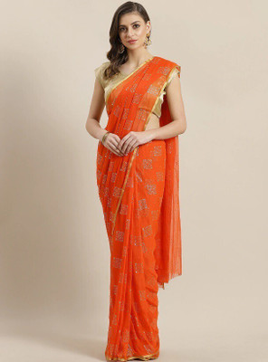 mamtasaree Printed Bollywood Net, Chiffon Saree(Orange)