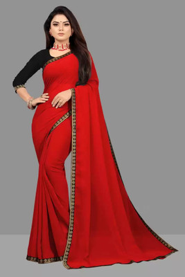 OKTAT Solid/Plain Bollywood Georgette Saree(Red)