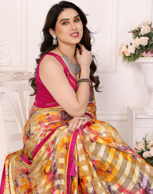 YASHIKA Printed Bandhani Georgette, Lace Saree(Yellow)