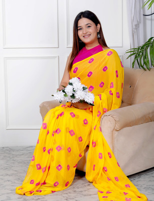 HouseOfCommon Printed, Self Design, Solid/Plain, Digital Print, Woven Daily Wear Chiffon Saree(Yellow)