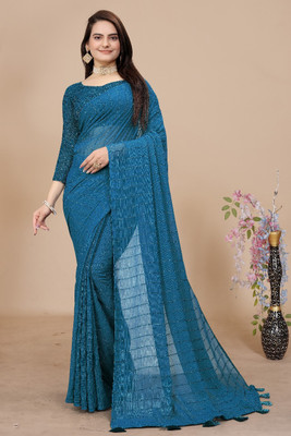 CLICKTHEMALL Solid/Plain Bollywood Chiffon Saree(Dark Blue)