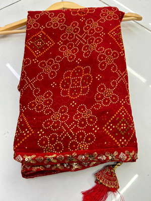 georgette Printed Bandhani Georgette Saree(Red)