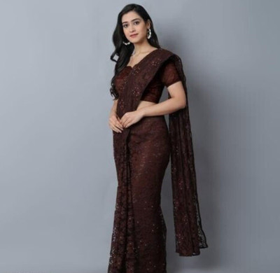 SwiftStyle Floral Print Daily Wear Net Saree(Brown)