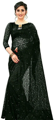 LIRTOZ Floral Print Bollywood Net Saree(Black)