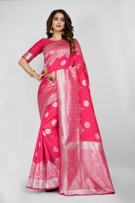 GINNYPRINTS Self Design, Floral Print, Embellished, Woven, Applique Kanjivaram Jacquard, Pure Silk Saree(Pink)