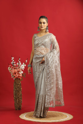 DWINIZAA STORE Embroidered Pre Draped Saree Net Saree(Grey)