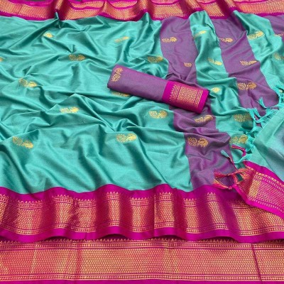 YAANAA FASHION Woven Paithani Cotton Silk Saree(Blue)