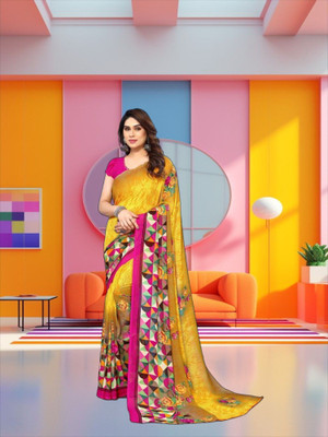 SmittenSmit Printed Bollywood Georgette Saree(Yellow)