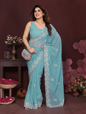 ROOP SUNDARI SAREES Embellished Bollywood Georgette Saree(Light Blue)