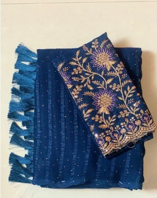 CHIVYA CREATION Embroidered, Embellished, Striped, Printed, Floral Print Daily Wear Chiffon Saree(Blue)