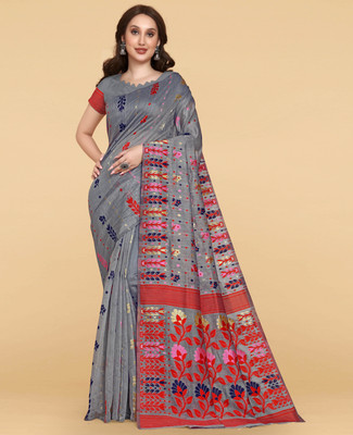 CHOICEIT Woven, Embellished Jamdani Cotton Linen Saree(Blue)