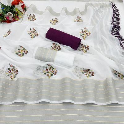 PIYA DESIGNER Embroidered, Woven Kasavu Cotton Linen Saree(White, Purple)