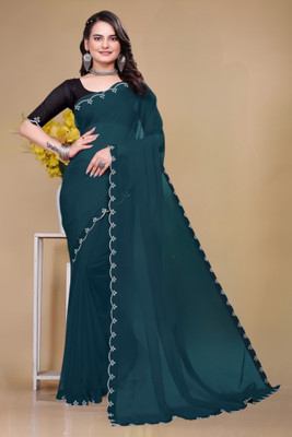 HIJA TRENDZ Solid/Plain Bollywood Georgette Saree(Light Blue)