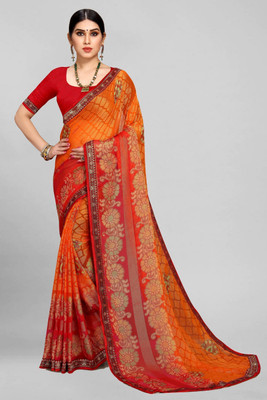 EMV Printed Bollywood Brasso, Chiffon Saree(Orange)
