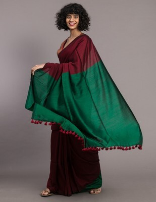 bm creation Color Block Handloom Pure Cotton Saree(Maroon)