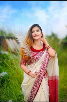 Shyamalisaree Self Design Handloom Pure Cotton Saree(White, Red)