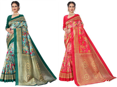 Kanooda Prints Printed Kanjivaram Art Silk Saree(Pack of 2, Multicolor)