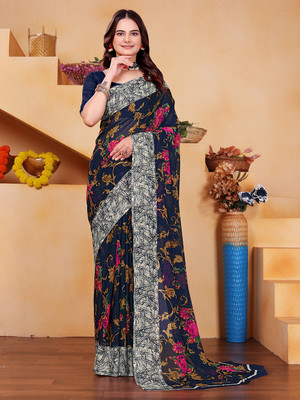 Kanooda Prints Printed Bollywood Georgette Saree(Blue)