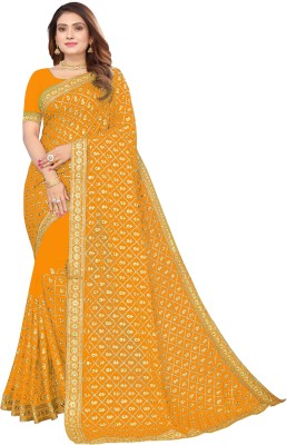 b bella creation Embellished, Embroidered, Striped Bollywood Georgette Saree(Mustard)