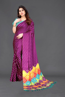 SARETRA MALL Striped Bandhani Chiffon Saree(Purple)