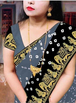 S.R.TEXTILES Printed Bandhani Crepe Saree(Grey, Dark Blue)