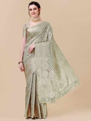 Sangria Striped Banarasi Silk Blend Saree(Light Green)