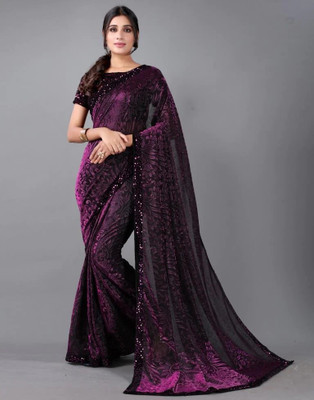 SwiftStyle Printed Bollywood Lycra Blend Saree(Purple)