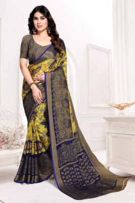 PinkEVE Sarees Floral Print, Self Design, Animal Print, Temple Border, Printed Daily Wear Chiffon, Brasso Saree(Yellow, Blue)