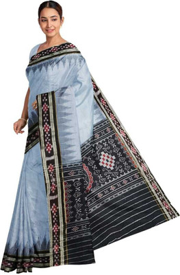 cottonsilk and khanduapata Printed Handloom Cotton Blend Saree(Black, Grey)