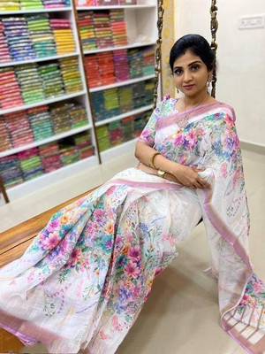 TOPPA Digital Print Banarasi Cotton Linen Saree(Multicolor)