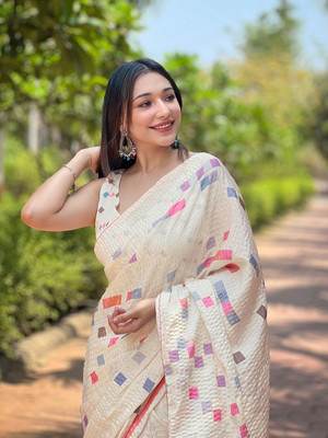 Tasrika Digital Print Bollywood Polyester Saree(White)
