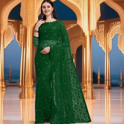 Vragi Floral Print Bollywood Net Saree(Green)
