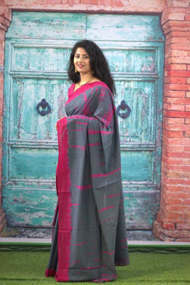 JAIPURI BLOCK PRINT Blocked Printed, Color Block, Dyed, Floral Print, Printed Daily Wear Pure Cotton Saree(Grey)