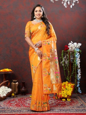 ZILVIRA Woven Paithani Pure Silk Saree(Orange)