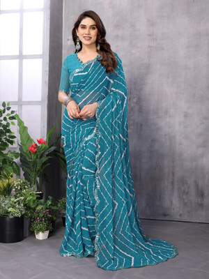 AAI LAXMI CREATION Striped Bandhani Georgette Saree(Blue)