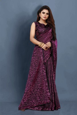 HouseOfCommon Floral Print Bollywood Lycra Blend Saree(Purple)