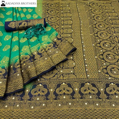 Radadiyabrothers Woven, Temple Border, Dyed Banarasi Jacquard Saree(Pack of 2, Green, Dark Blue)