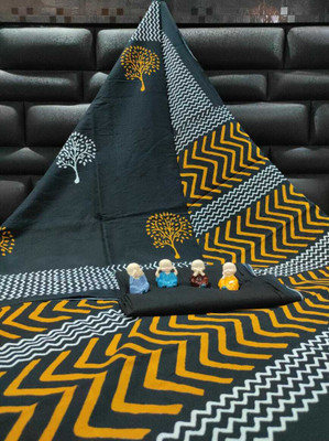 Jaipuri Print Printed, Blocked Printed, Color Block, Dyed, Floral Print Daily Wear Pure Cotton Saree(Black)