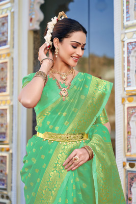FAB WOVEN Printed Banarasi Silk Blend Saree(Light Green)