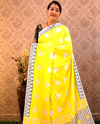 NIKHILAM Printed Daily Wear Pure Cotton Saree(Yellow)