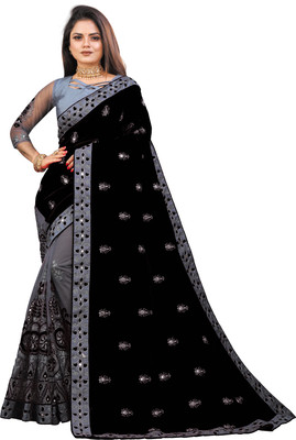b bella creation Embroidered Bollywood Net, Art Silk Saree(Black, Grey)