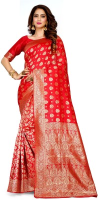 Aachari Applique Banarasi Silk Blend Saree(Red)