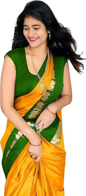 Shruti Bandhani Temple Border Dharmavaram Cotton Silk Saree(Orange)