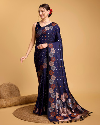 Yogik Creation Floral Print Banarasi Art Silk Saree(Blue)