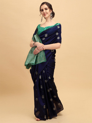 Amrut Collection Woven Banarasi Jacquard Saree(Dark Blue, Green)