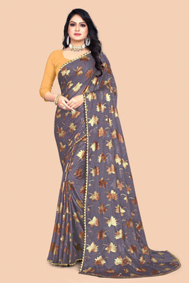 Vihat Fashion Floral Print Bollywood Crepe Saree(Grey)