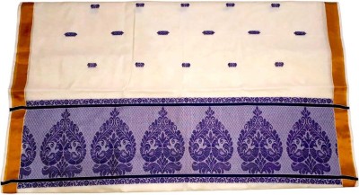 sri amman sarees Self Design Kasavu Cotton Blend Saree(Dark Blue)